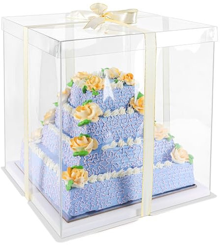 Belle Vous Clear Plastic Tall Cake Box with Boards & Ribbon - 35 x 35 x 38cm/13.78 x 13.78 x 14.96 Inches - Transparent Tall Cake Gift Packaging Carrier Box for Birthdays, Weddings & Parties
