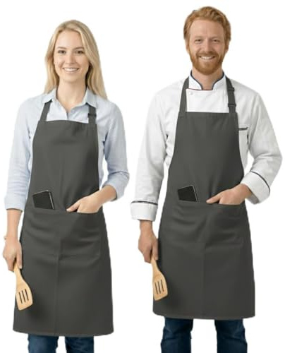 LivinEase Unisex Baumwollmischgewebe Schürze mit 2 Fronttaschen | verstellbarer Nackenriemen & lange Bindebänder | Küchenschürze, Grill- & Gastronomie-Schürze (2er-Pack)
