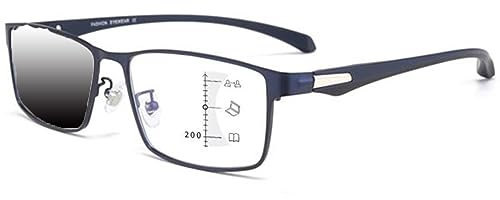 DOUKI Photochrome Lesebrillen Progressive Multifocal Für Herren Damen Quadratische Sonnenbrille Metall Kratzfest Brille Vollrahmen TR90 (Color : Blue, Size : +3.0)