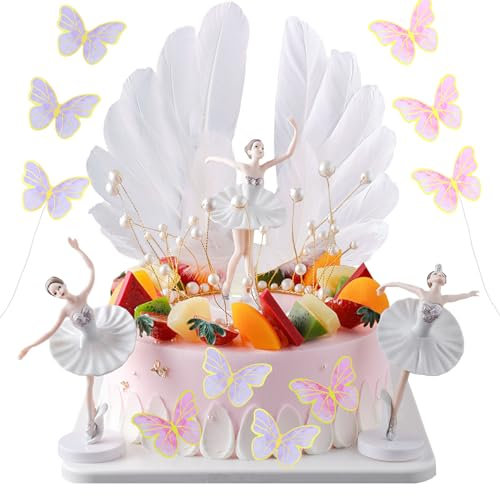 Ballerina Tortendeko Dekoration,sunnilly 27 Set, Ballerina-Kuchenaufsatz, Schmetterling Skuchen Dekoration,Schmetterlinge Tortendeko,Weihnachten,Party,Krone,Engelsflügel,Geburtstagstorten (Weiß)