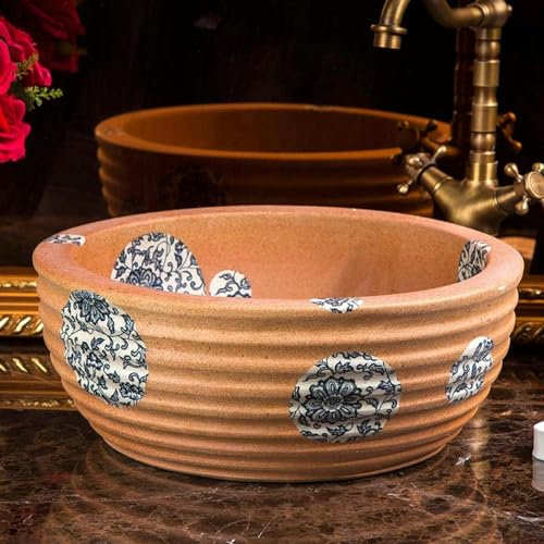 Lavabo da Appoggio Lavabo in Ceramica Dipinto a Mano con Lavandino Tondo da Appoggio（1pc）