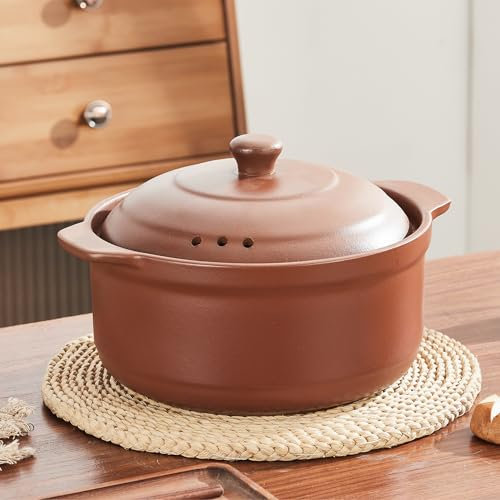 Red Zisha - Pentole per riso in terracotta naturale non smaltata, con coperchi, pentola in argilla per cucinare hot pot dolsot bibimbap e zuppe (2,6 QT/2,5 L)