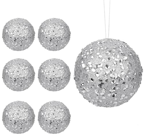 Hollyone 10cm Große Weihnachtsbaumkugeln Ornamente Glitzer, 6pcs Pailletten Christbaumkugeln Set mit Seil, Bruchsicher Weihnachtskugeln Silber Hängend Weihnachtsdeko für Feiertage Party Deko