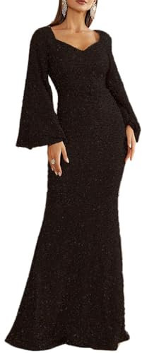 shownicer Abendkleid Langer Damen Elegant Glänzend Pailletten Kleider Langarm V-Ausschnitt Maxi Kleid Schlitz Ballkleid Festlich Hochzeitsgäste A Schwarz XXL