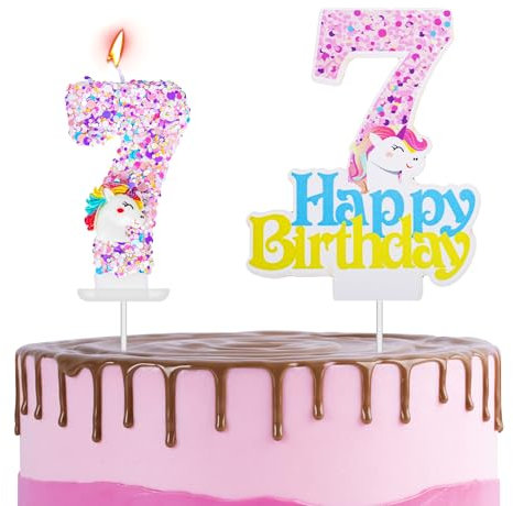 Unicorn Cake Topper with Number Candle & Candles - Happy 7th Birthday Unicorn Theme Party Decorations for Girls & Boys