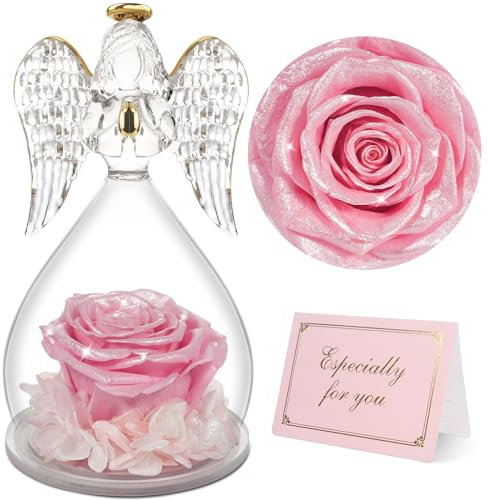 Yamonic Rose Eternelle et Ange Figurine en Verre - Cadeau Fete des Meres, Anniversaire pour Maman, Femme, Mamie - Fleur Eternelle et Décoration