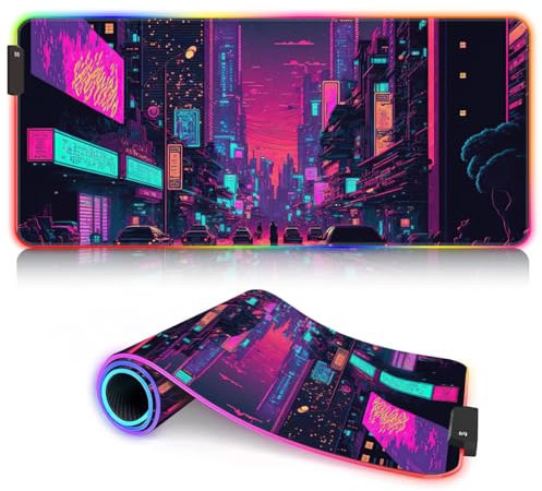 Keyboard Mouse Pad New York City Neon RGB Mousepad (23.6x13.8X 0.12 inches Large Desk Mat Easy to Clean,Keyboard Pad with Waterproof 9 Static Colors and 3 Dynamic