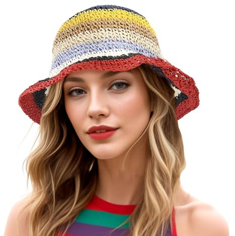 DOCILA Sombrero Reversible con Estampado de Rayas para Mujer, ala Grande, Plegable, Viseras de Sol, Casual, de algodón, Gorras de Pescador con Cuerdas, Rayas arcoíris-style2, Talla única