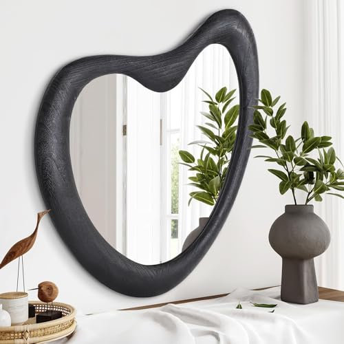 HLFMVWE Unregelmäßiger Wandspiegel mit Holzrahmen, schwarz, asymmetrisch, groß, 70 x 50 cm, moderner Akzent für Badezimmer, Waschtisch, Wohnzimmer, Schlafzimmer, Flur, Eingangsbereich
