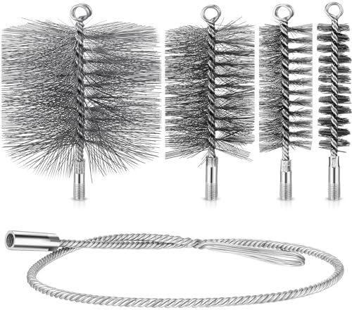 Nuenen 5 Stück Kamin Reinigungsset Bürsten 30mm 50mm 80mm 150mm Flexible Ofenrohrbürste + 1m Biegbare Schubstange Kaminbesen Schornsteinbesen Kaminbürste aus Stahldraht für Ofenrohr Reinigung
