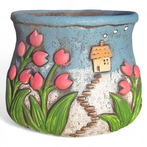 TIN DREAMS FACTORY | Maceta Casa de Tulipanes - Macetero Decorativo de Hormigón Pintado a Mano - Tiesto para Plantas y Flores - Interior y Exterior - Terraza, Patio, Jardín