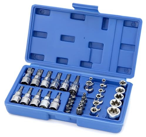 QWORK® 34Pcs Torx Socket Set, E4-E20 Female Torx, Chrome Vanadium Steel 3/8 Socket Set with Storage Case