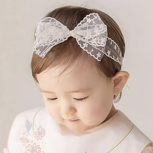 Baby Mädchen Stirnbänder Weiß Dehnbare Stirnband DoppelspitzeSpitzebowknot-Haarband Weich Baby Hairband Nylon Neugeboren Haarschmuck Babygeschenke für Neugeborene