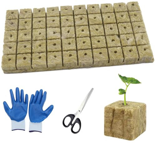 WANYIG Steinwolle Anzucht, Steinwolle Dämmung, Steinwolle Würfel Anzuchtmatte Steinwolle mit Schere ＆Handschuhe fur Stecklingen, Bodenloser Anbau, Hydrokultur Umpflanzen (2.5 x 2.5 x 2.5cm) (50 STK)