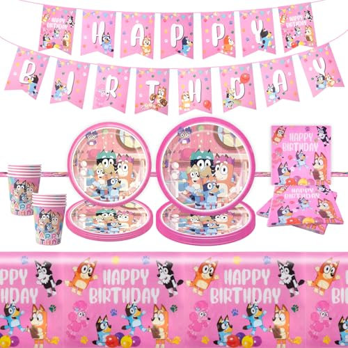 Party Tableware Set Pink Girls- 52PCS Birthday Party Decorations Dog Theme Party Supplies with Tablecloth Happy Birthday Banner Part Paper Plates Cups Napkins for Children Baby Showers Boy Part Deco