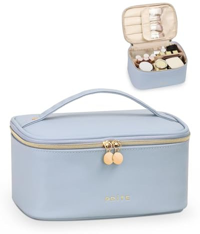 Prite Groß Kosmetiktasche für Damen Reise Kulturtasche aus Wasserdichtem Leder Tragbare Kulturbeutel oder Make Up Tasche mit Griff und Abnehmbarem Trenner (Blau)
