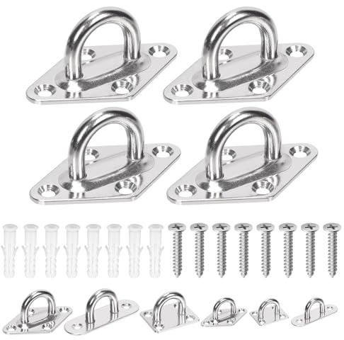 GLARKS 36pcs M5 Stainless Steel Pad Eye Plate Hook Kit, Diamond Eye Plate U Hooks Heavy Duty Ceiling Hooks and Carabiner Clips Snap Hook for Ceiling and Mounting Hanging Hardware
