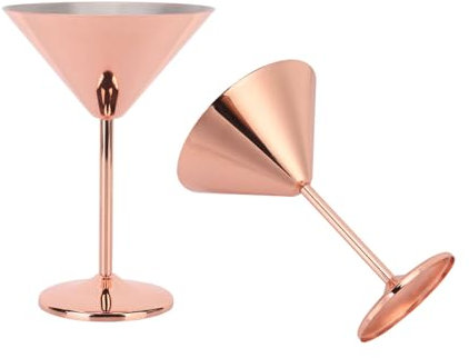 Jwthee Martini Glasses Set of 2, 220ml Stainless Steel Martini Glasses Machine Washable Unbreakable Metal Martini Glasses with Stem Rose Gold Elegant Cocktail Glasses for Bar