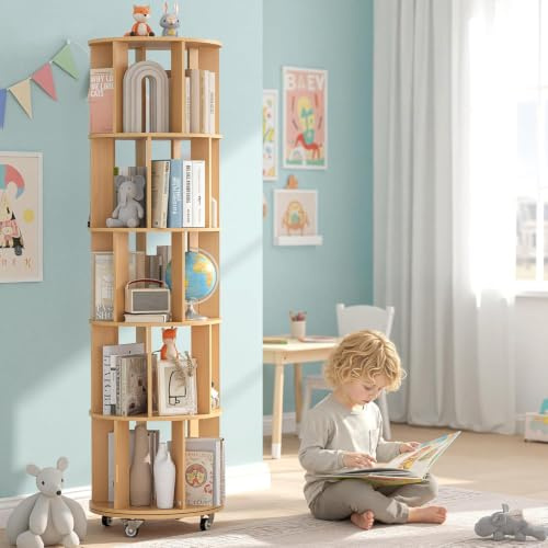 Turosur 5-stöckiges drehbares Bücherregal, 360° drehbares Bücherregal, bodenstehend