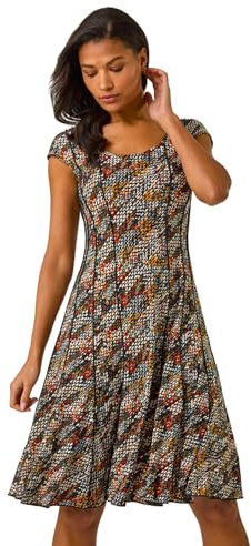 Roman Panel Dress for Women UK Ladies Skater Summer Spring Stretchy Fit & Flare Jersey Midi Work Casual Strappy Sleeveless Sweetheart Knee Length A Line Swing - Black Multi - Size 18