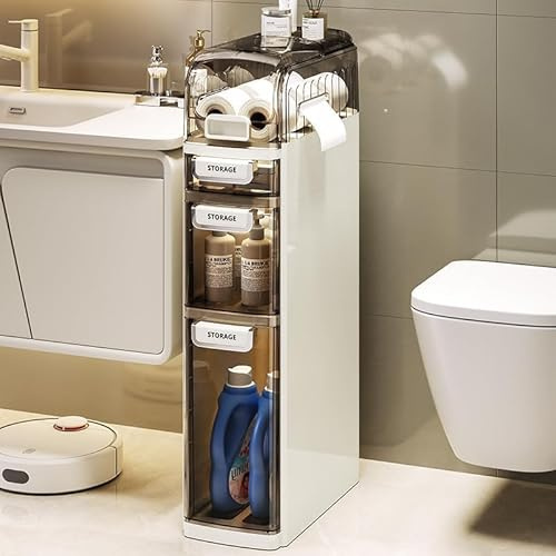 Cachpib 4 Tier Slim Bathroom Storage Cabinet Bathroom Floor Cabinet Waterproof Narrow Storage Cabinet With Drawers Plastic Freestanding Narrow Storage Organizer for Bathroom, Living Room, Kitchen