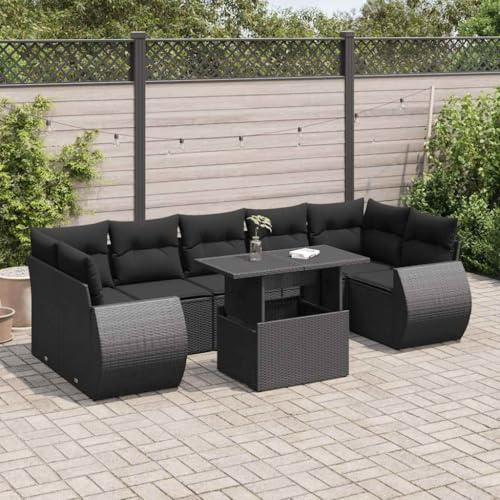IKAYAA Rattan Gartenmöbel Set mit stauraum Polyrattan Lounge mit Verstellbare Tischplatte Balkon Lounge Gartenlounge Outdoor Lounge möbel Outdoor mit Kissen-Schwarz-8-tlg