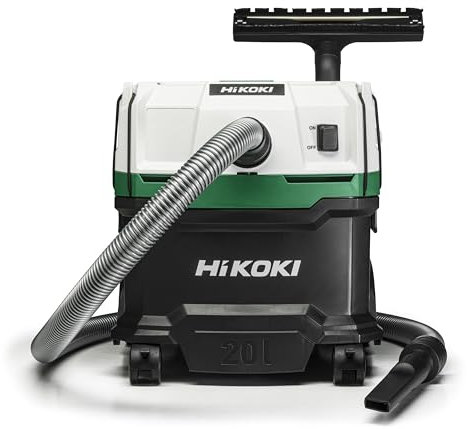 Hikoki Aspirateur eau et poussière – 1200 W, 20 L, classe L, compact et léger, nettoyage manuel du filtre, accessoires inclus – Idéal pour les chantiers de construction et les ateliers