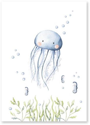 Calmondo Qualle Kinderbild für Kinderzimmer | Tier-Poster als Geschenk für Mädchen & Jungen | Bild für Kinder als süße Wand-Deko für eine fröhliche Atmosphäre | DIN A4 | Mit Bonusbild