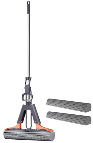 PVA Sponge Mop for Floor Cleaning - Self-Squeezing with 2 Sponge Heads & 43 Inch Handle | Easy Wring Design | Ideal for Tile Marble Hardwood Floors - Household Roller Mop & Bucket Set