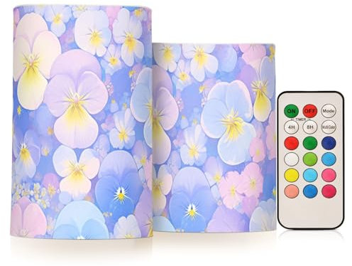 SyXIOP Light Blue and Pink Pansies Flowers Decorative Flickering flameless Flickering Candles Electronic Lights Remote Control with Timer for Outdoor Fireplace Battery Operated