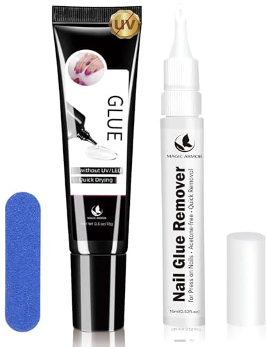 MAGIC ARMOR Colla per unghie in gel privo di raggi UV e per unghie, 15 g, con colla per rimuovere 15 ml, ad asciugatura rapida per unghie finte di lunga durata