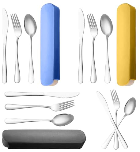 Lot de 3 couverts de camping en acier inoxydable avec étui, couverts de voyage portables, réutilisables avec cuillères, fourchettes et couteaux pour l'école, le bureau, le pique-nique (noir, jaune