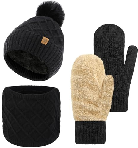 Bseical Mütze Schal Handschuhe Set Damen Winter Warme Wintermütze mit Bommel & Weiches Fleecefutter, Loop Schal Schlauchschal Winterschal Winterhandschuhe für Weihnachten Geschenk für Frauen 3in1 Set