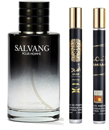 Pack of 3 Fragrance Gift Set for Men – Long Lasting Perfume – 1 Salvang 100ml + 2 x 35ml EDP – Eau de Parfum Gift Set – Fresh, Sweet, Woody & Spicy Notes Perfume Gift for Him