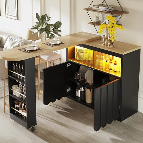 EMKK Ausziehbarer Bartisch, (135-205×39×100cm) Küchenbar mit Stauraum, Kaffeebar Möbel, Kücheninsel, Moderner Beweglicher Bar Table, Gewölbtes Türdesign, für Küche/Kaffeebar/Esszimmer (Schwarz 2)