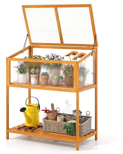 COSTWAY Frühbeet Aufsatz Holz, Frühbeetaufsatz mit Abdeckung & Ablagefach, Pflanzenbeet wetterfest, Gewächshaus für Garten, Wintergarten & Balkon, 90 x 50,5 x 105 cm