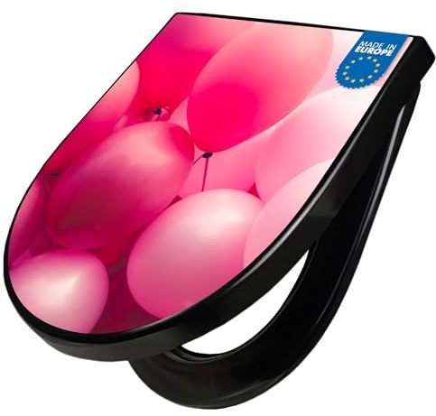 banjado WC Sitz mit Absenkautomatik D Form - Toilettendeckel mit Absenkautomatik D Form - Klodeckel Softclose - stabile Klobrille - Toilettensitz Schwarz - Motiv Rosa Ballons 2