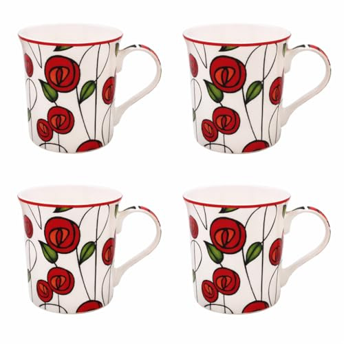 Mackintosh Red Rose Fine China Mugs Set of 4, 300ml Tea & Coffee Cups | Set of 4 Mackintosh-inspired 300ml fine china mugs with red rose design; dishwasher and microwave safe for everyday use.