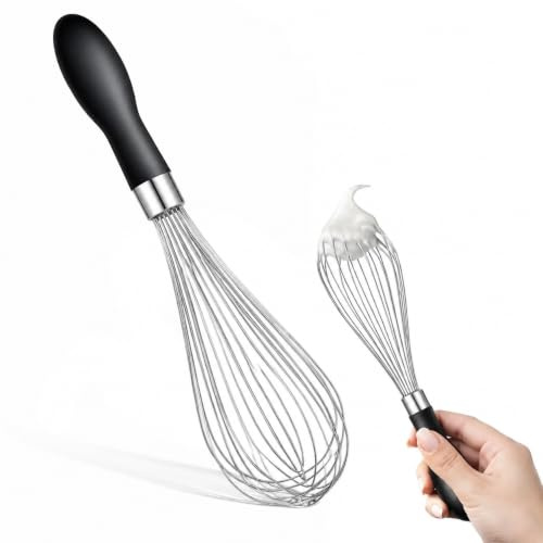 30.5cmBlack Stainless Steel Balloon Whisk with Silicone Handle | Durable Hand Whisk, Kitchen Egg Whisk for Baking, Mixing, Cooking