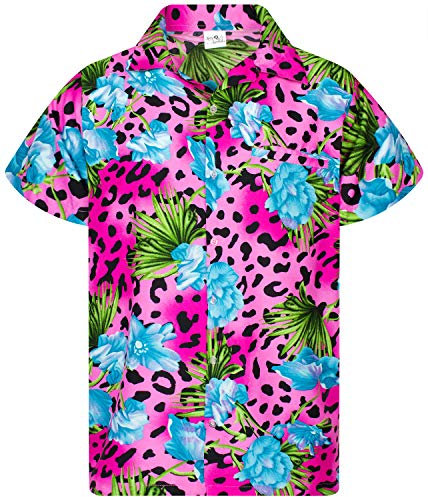 King Kameha Funky Chemise-Hawaienne, Manche-Courte, Leopard-Flowers, Rose, 3XL