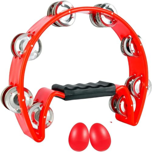 EASTROCK Tambourine Half Moon Tamburin,Hand Halbmondförmiges Schellenring mit 16 verchromte Schellen für Anfänger,Anfänger.Schlaginstrument Musik Metall Jingles für KTV Party(Single,Rot)