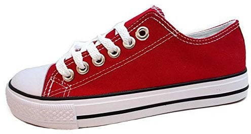 Ladies Canvas Shoes Plimsole Trainer Pumps Womens Lace Up Flat Shoes Red Size UK 3 EU 36