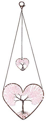 JSDDE Heart Rose Quartz Healing Crystal Life Tree Hanging Ornament Wire Quartz Gemstone Wall Hanger Home Office Windows Decoration Meditation Balancing