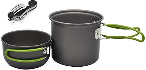Abcsea Kit de Utensilios de Cocina para Acampar, Ollas para Acampada Set of 2, Kit de Utensilios Cocina de Camping, Cacerolas de Camping, con 1 Cuchillo Plegable y Tenedor