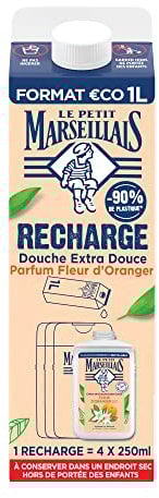 Le Petit Marseillais Recharge Crème de Douche Extra Douce Fleur d'Oranger Bio (brique de 1 L) 92 % d'ingrédients d'origine naturelle – pH neutre pour la peau et sans colorant