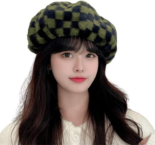 Women Faux Fur Sherpa Plaid French Beret Y2K Winter Warm Fleece Fuzzy Fluffy Painter Hat Preppy Retro Plush Newsboy Cap, Green, 7-7 1/8