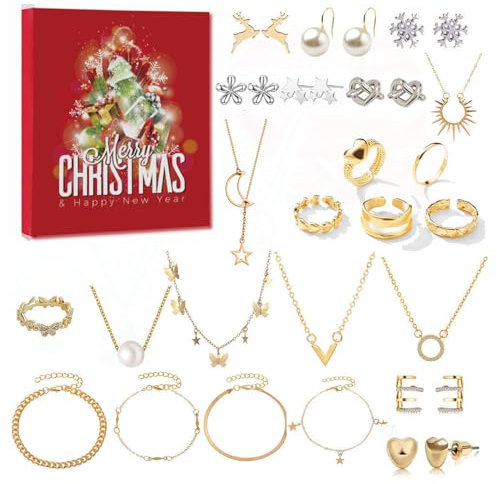 Adventskalender Schmuck 2023,24 Überraschungen Mode Armband Halskette Ring Ohrringe Countdown Kalender,Schmuckkalender Weinachtskalender Weihnachts Countdown,Weihnachten Geschenk für Damen Mädchen