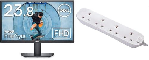 Dell SE2422HX 24 Inch Full HD (1920x1080) Monitor, 75Hz, VA, 5ms, AMD FreeSync, HDMI, VGA, 3 Year Warranty, Black & Masterplug BFG210N Four Socket Extension Lead, 2 Metre, White