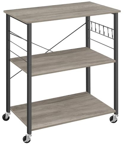 VASAGLE Kitchen Shelf on Wheels, Serving Trolley with 3 Shelves, Microwave Shelf, for Mini Oven, Toaster, with 6 Hooks, 40 x 80 x 89 cm, Industrial Style, Heather Greige and Ink Black KKS067K02