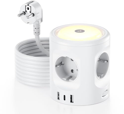 Steckdosenleiste mit Licht, 4 Fach Mehrfachsteckdose mit 3 USB Steckdosenleiste Überspannungsschutz mehrfachstecker würfel 3 Beleuchtungsmodi 3M Verlängerungskabel Steckdosenturm für Zuhause Büro, 16A